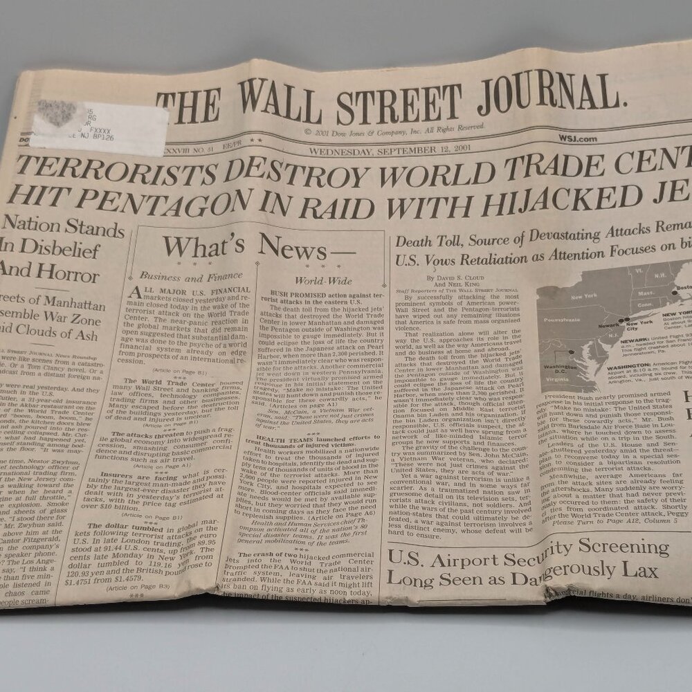 Wall Street Journal Sep 12, 2001, "Terrorists Destroy World Trade Center"
